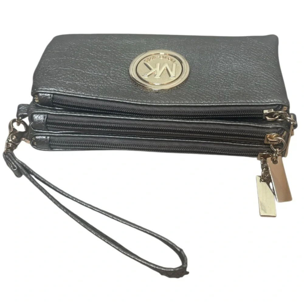 Michael Kors Crossbody Wristlet Metallic Multi Compartments Pewter Silver Gold